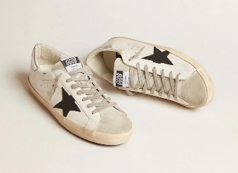 Super-Star en cuir blanc avec étoile en cuir nubuck noir et contrefort en cuir lamé argenté