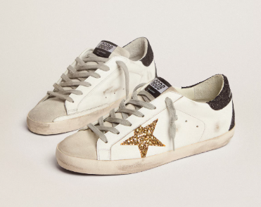 Super-Star femme en cuir nappa avec étoile à paillettes dorées et contrefort à paillettes noires