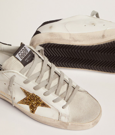 Super-Star femme en cuir nappa avec étoile à paillettes dorées et contrefort à paillettes noires
