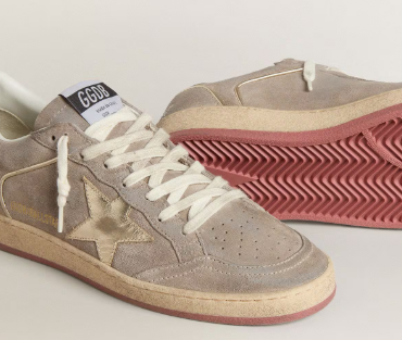 Ball Star pour femme en daim beige avec étoile en cuir lamé doré et inscription en perles