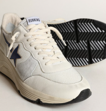 Running Sole en cuir et en résille blancs avec étoile en cuir lamé bleu