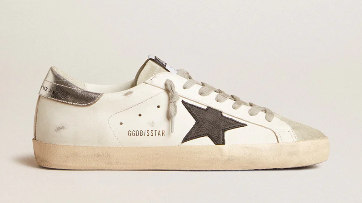 Super-Star en cuir blanc avec étoile en cuir nubuck noir et contrefort en cuir lamé argenté