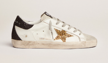 Super-Star femme en cuir nappa avec étoile à paillettes dorées et contrefort à paillettes noires
