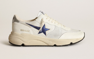 Running Sole en cuir et en résille blancs avec étoile en cuir lamé bleu